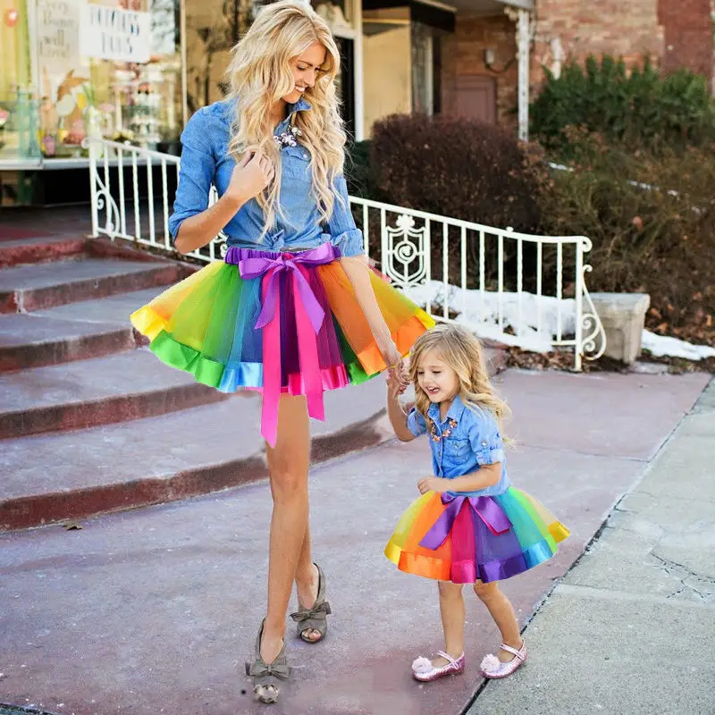 

2018 New Fashion Kids Mother and Daughter Summer Rainbow High Waist Tutu Skirt Party Matching Outfits