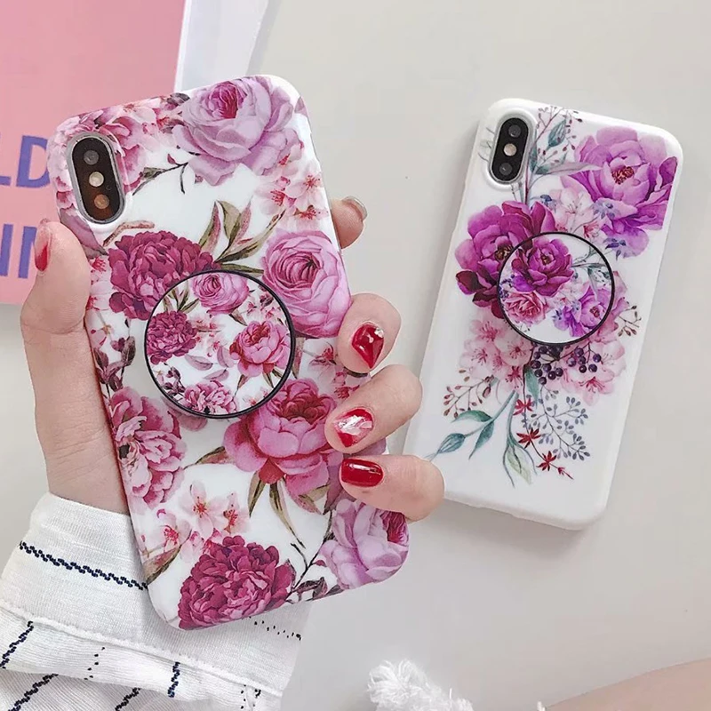 Мраморный чехол для телефона iPhone XS Max силиконовый с подставкой в виде листьев и