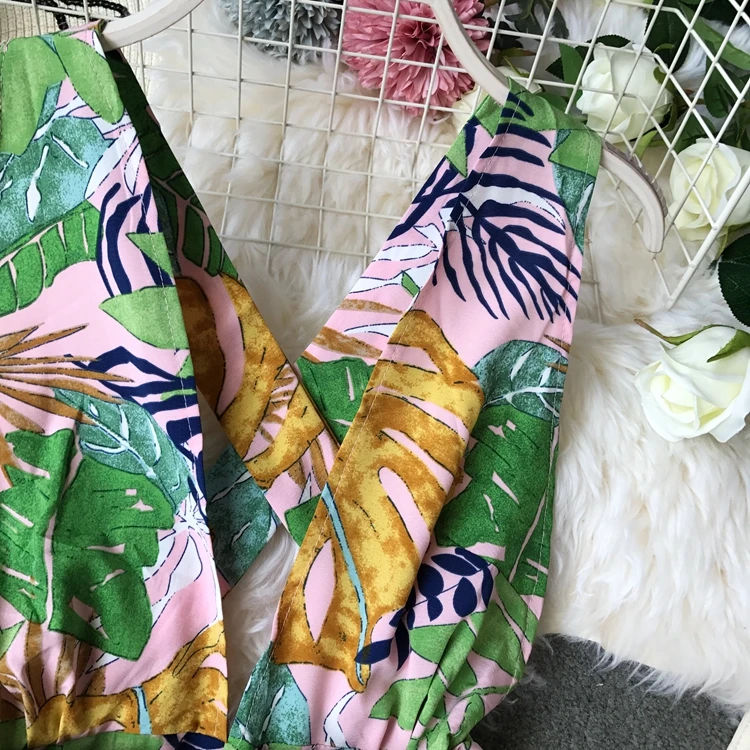 Пляжный Boho короткий женский летний комбинезон с открытой спиной и v-образным вырезом без рукавов комбинезон корейский цветочный принт плюс размер женский комбинезон