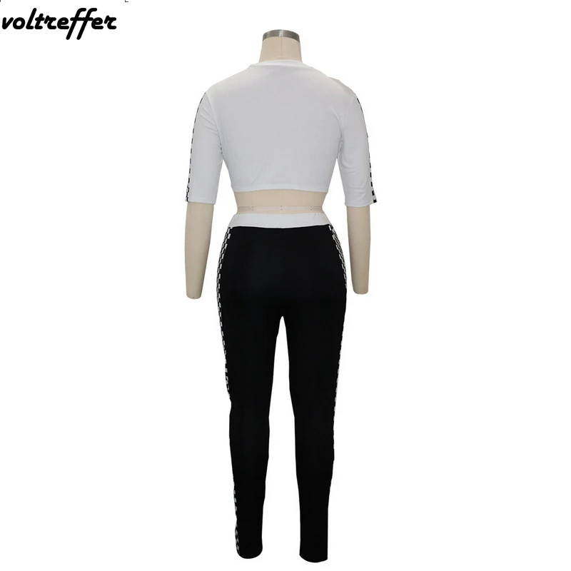 2018 Summer White Letter Print Crop Top Black Plaid Side Long Pants Two Piece Set Women's Sexy Casual Outfits Sweatsuit | Женская
