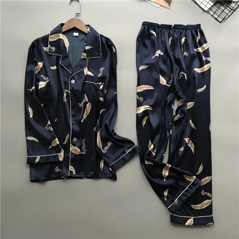 New brand men pajama set long sleeve silk men's pajamas print casual home clothes male sleepwear pyjama suit pijama hombre