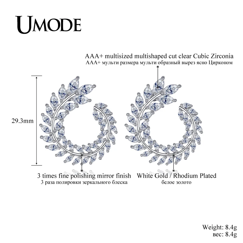 Женские серьги-гвоздики с кристаллами UMODE модные серьги белого и золотого цвета