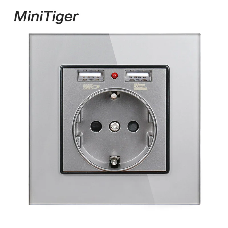 Grey Glass Panel Minitiger кристалл стеклянная панель двойной usb порт для зарядки 2.1A 16A Россия Испания настенная розетка ЕС розетка белый/черный/золотой/серый - Тип: Grey Glass Panel