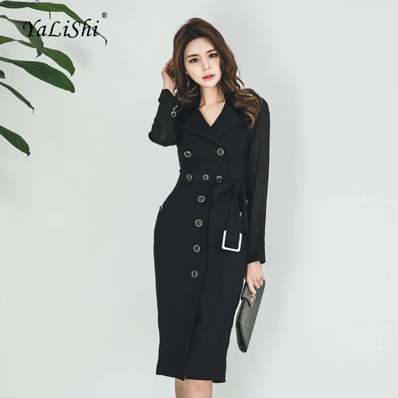 

Women Plus Size Pencil Dress Women Black Long Sleeve Turn-down Collar Korean Work Lady Dress Vintage Suit Office Wrap Dresses