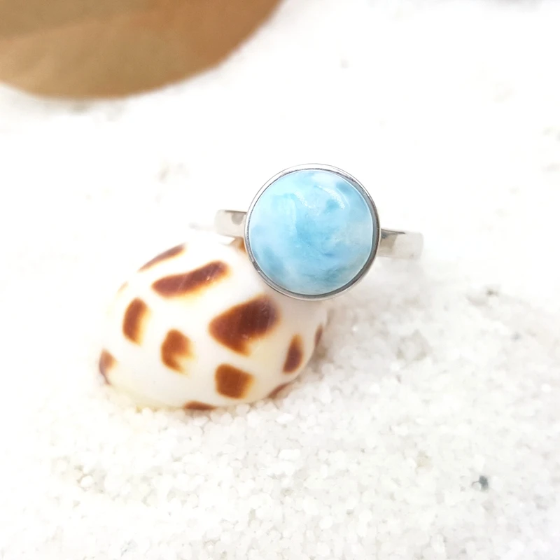 LiiJi драгоценный камень натуральный Caribbean Blue Larimar 925 пробы Серебряная круглой формы Винтажное кольцо с регулируемым размером для мужчин и женщин