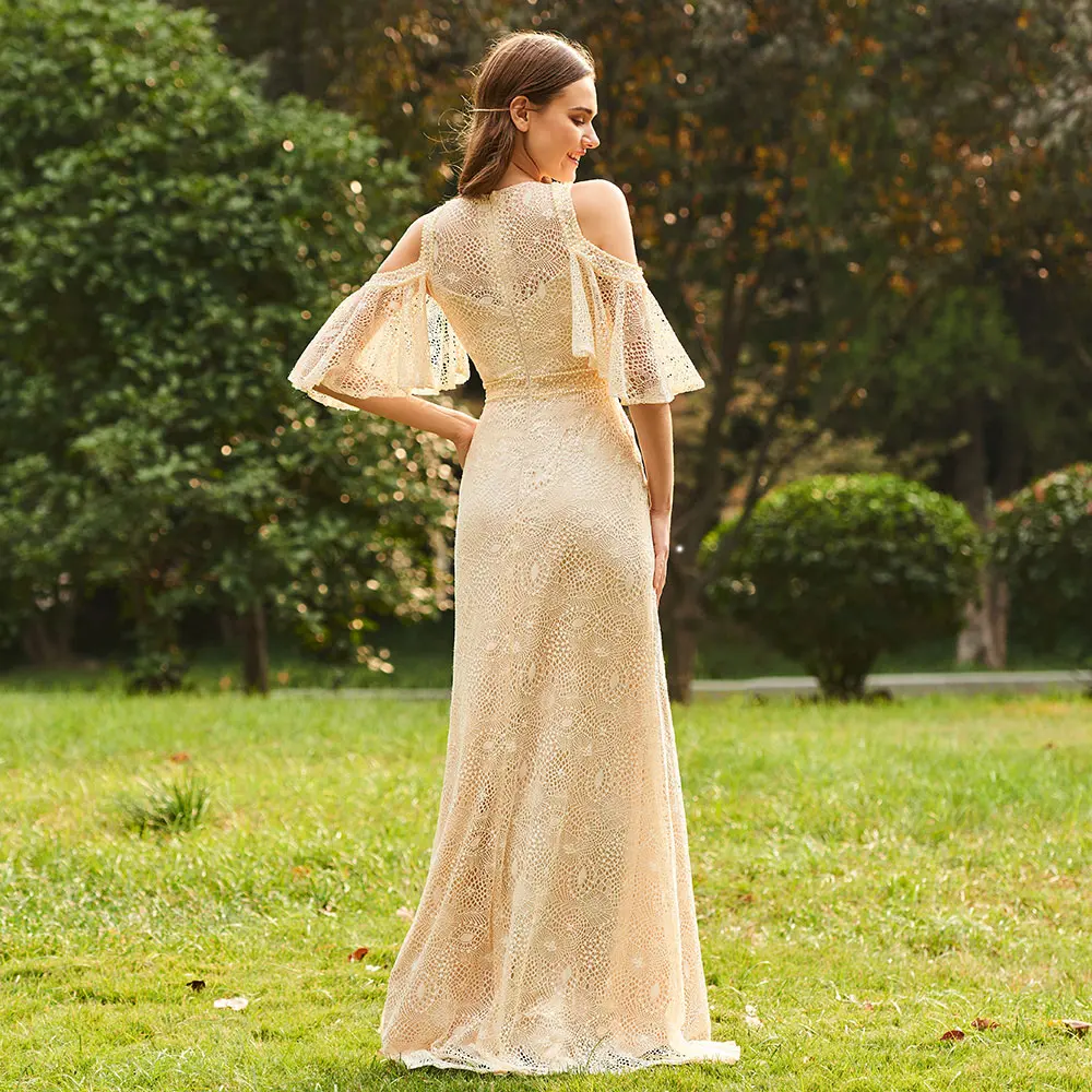 Платье цвета шампанского с глубоким вырезом ТРАПЕЦИЕВИДНОЕ ПЛАТЬЕ подружки