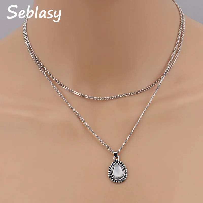 

Seblasy Trendy Bohemian Double Layer Tattoo Opal Water Droplets Clavicle Chain Necklaces & Pendants for Women Party Jewelry