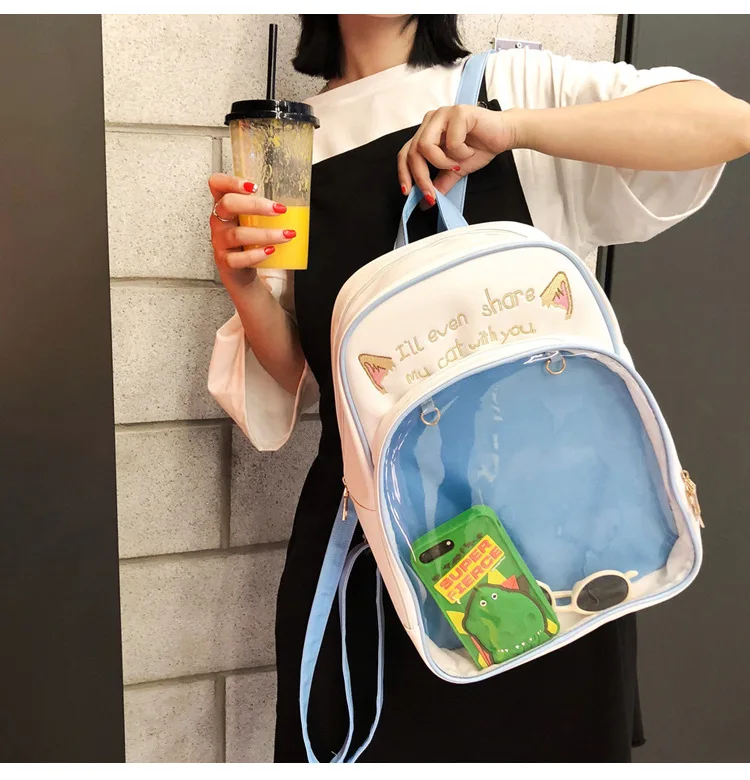 Водонепроницаемый прозрачный ПВХ кошачьи ушки женский рюкзак Harajuku школьные
