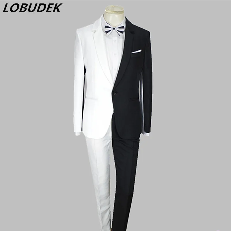Men Black White Stitching Suits Magician Clown Performance Stage Outfits Nightclub Bar Male Singer Host Performance Costume
