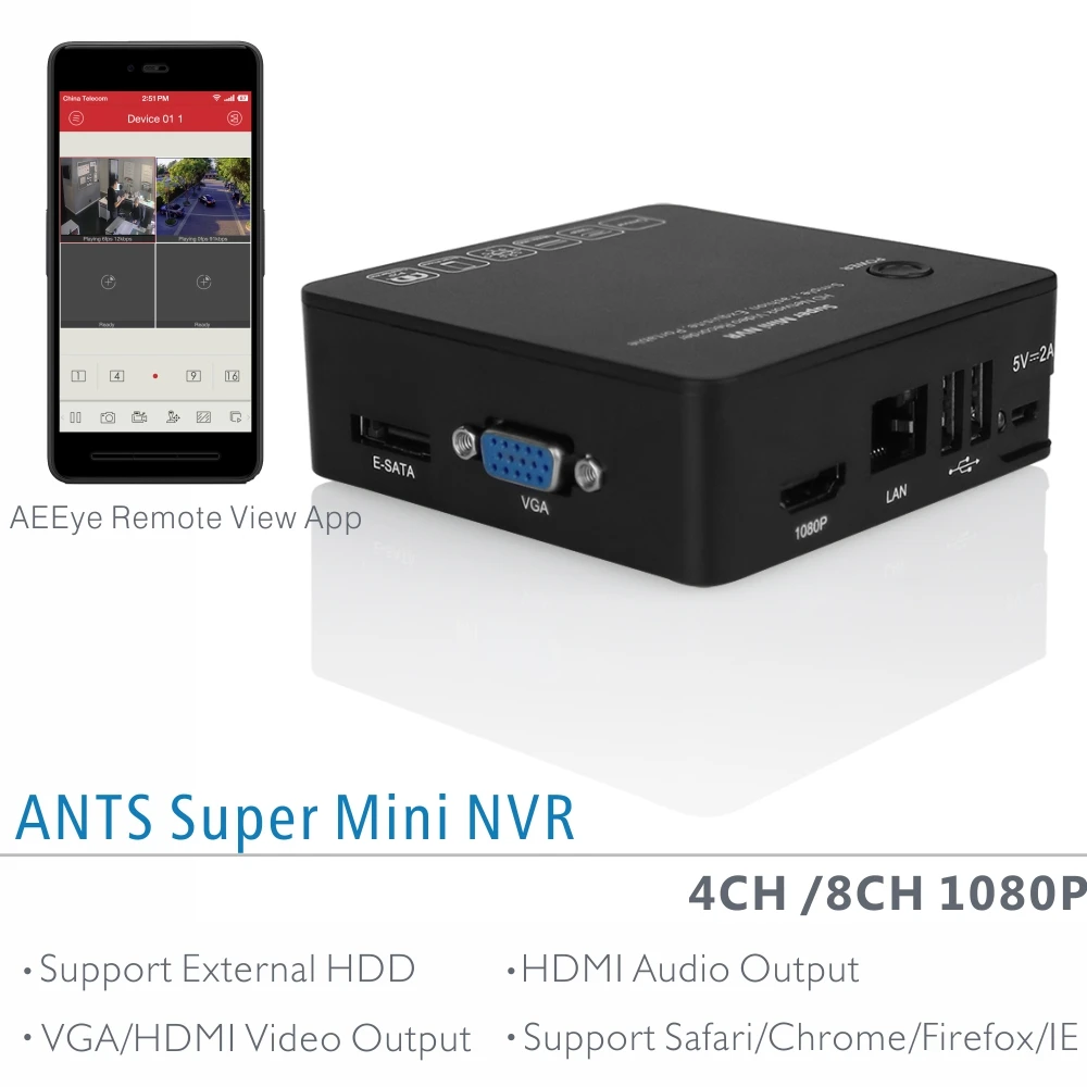 Муравьи 4ch 8ch супер мини NVR и декодер для 8 шт. 720 P/960 P/1080 P ONVIF IP Камера HDMI/VGA Выход ESATA