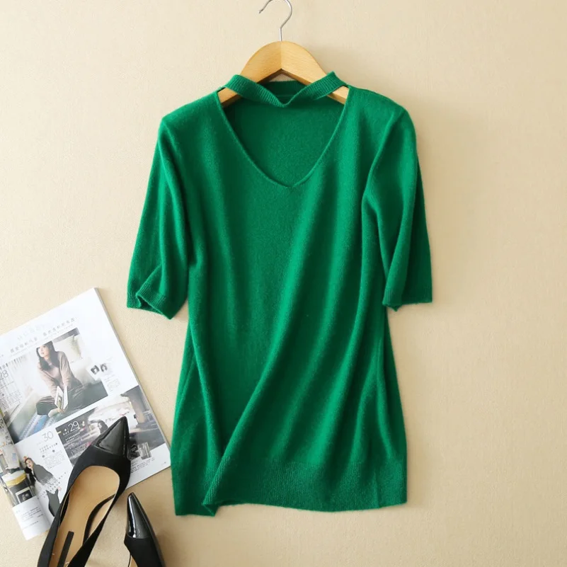 Women 100% Wool Sweater Autumn Fashion V-neck Short Sleeve Pullovers Knitted Sweaters S-XXL | Женская одежда