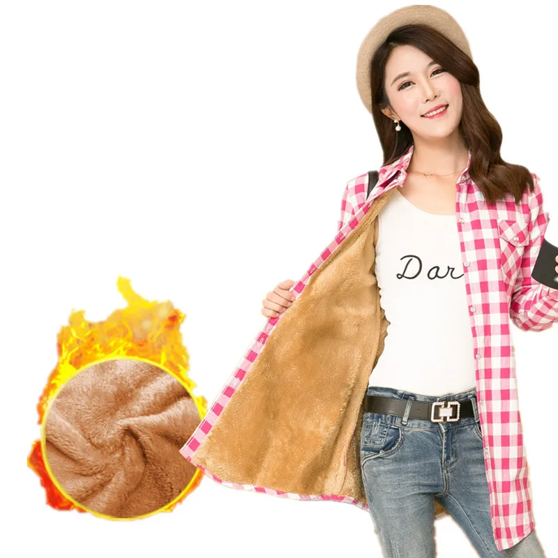 2020 Winter Women Warm Cashmere White Blue Plaid Shirt Long Sleeves Leisure Thick Velvet Blouse Blusas Femininas | Женская одежда