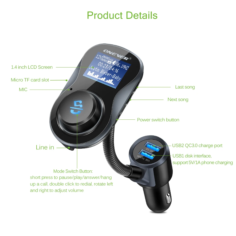 FM передатчик Bluetooth автомобильный комплект поддержка QC3.0 Быстрая зарядка TF карта U