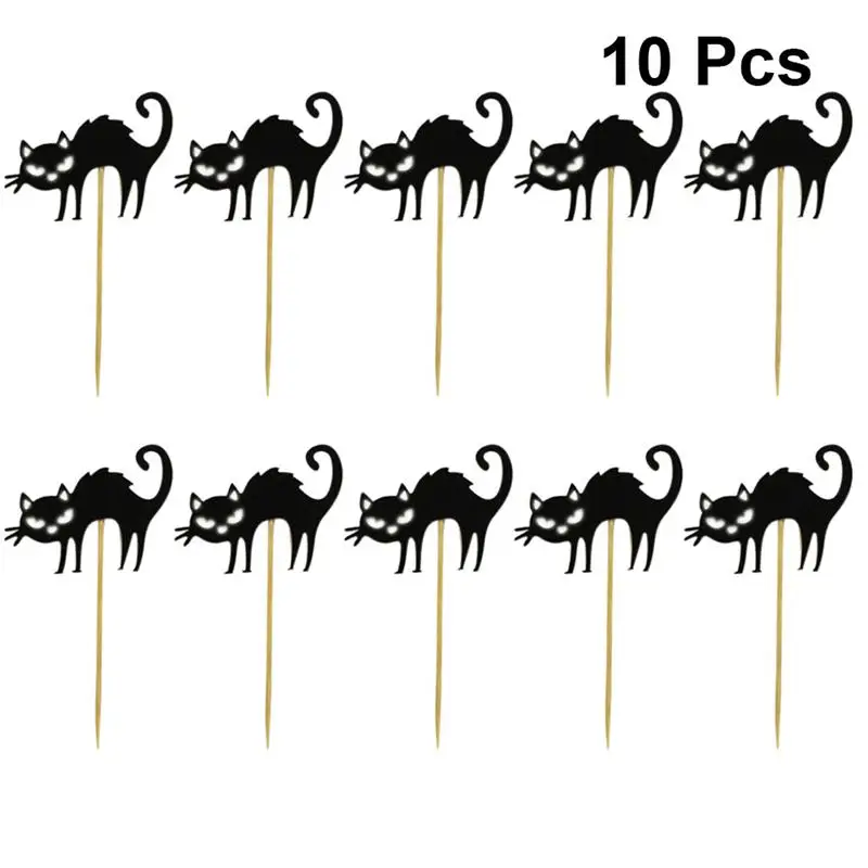 10pcs Cat Decor Cake Topper Dessert Fruit Decor Insert Card For Hallowmas Festival Party Gathering(Black Cat Pattern