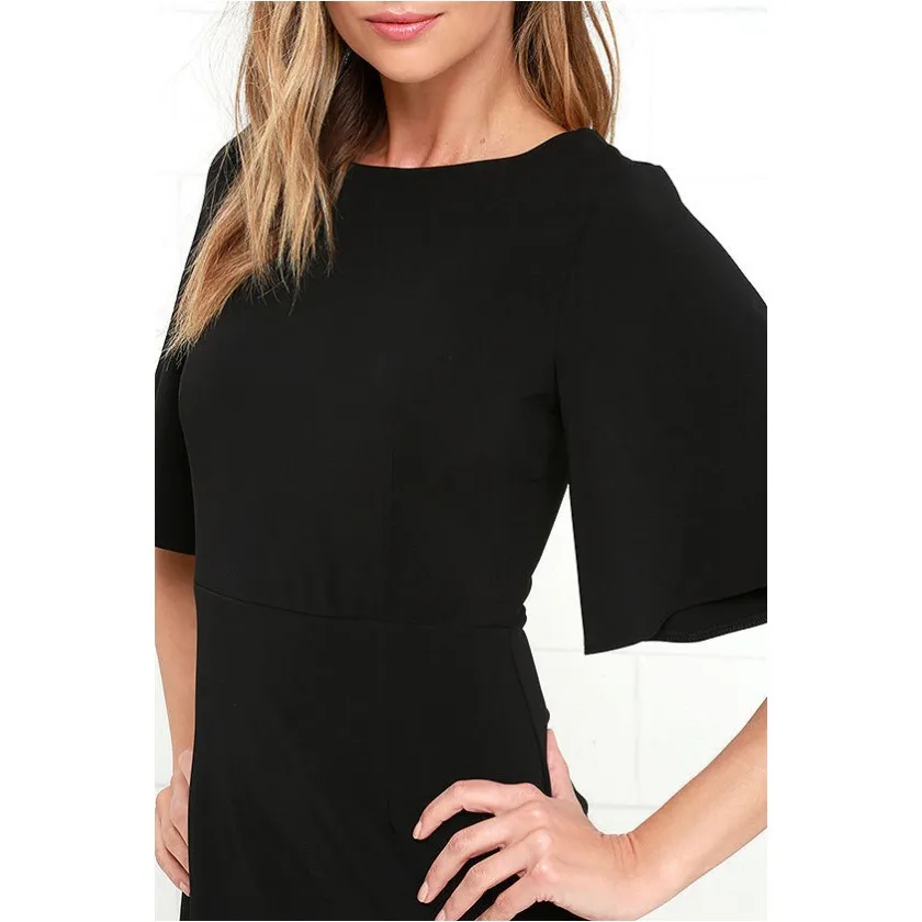 FD3481 Lady Elegant Half Flare Sleeve Knee Dress Vestidos Robe Asymmetrical Hem Ruched Slim Waist Solid Black Smart Dresses | Женская