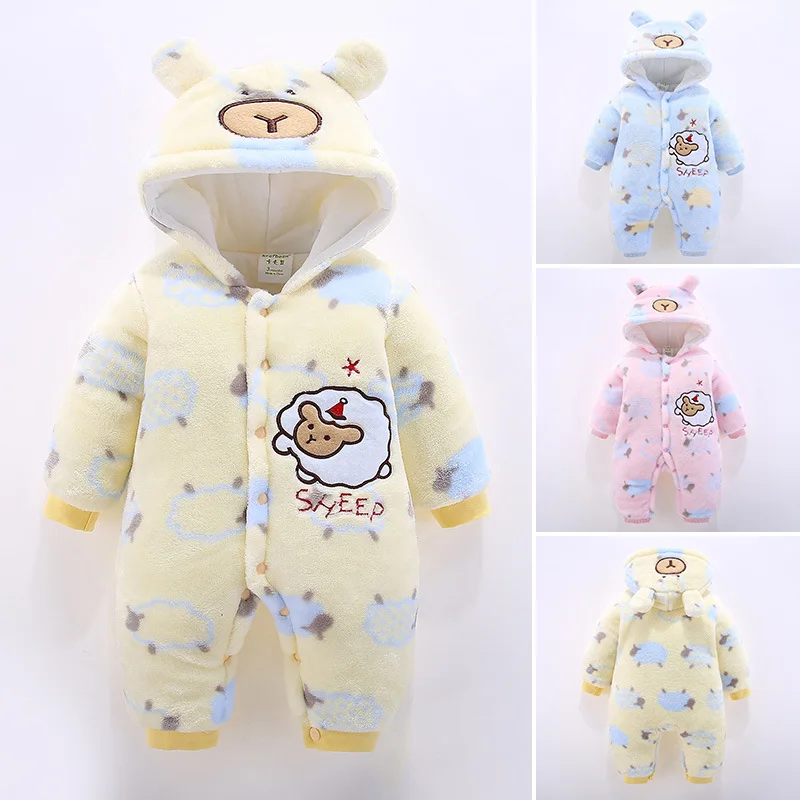 

New Born Baby Winter Thicken Rompers Baby Boys Girls Warm Cartoon Clothes Coldker Infant Velvet Jumpsuit Toddler Out Pajamas