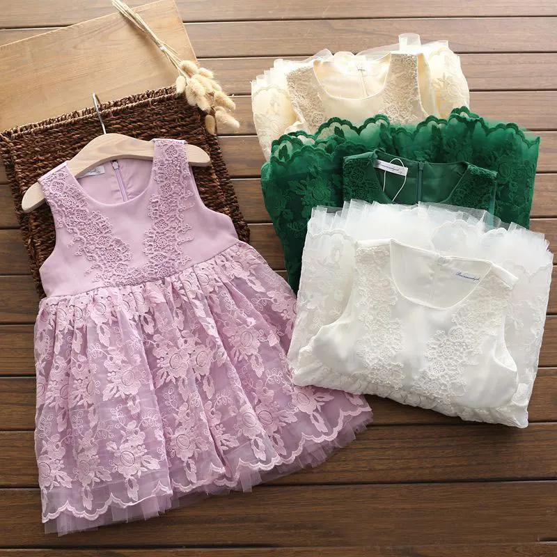 2017 Summer New Girl Dresses Children's Clothing Princess Sleeveless Lace Puff Dress Party Fashion Vest 4 Colors | Детская одежда и