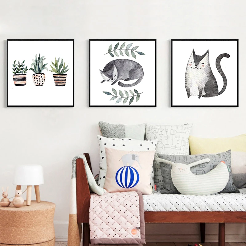 Cat Potted Plants Living Room Lovely Animals Cartoon Cute Modular Color Print Painting Pictures Poster Nord Children Wall Art |