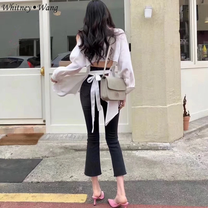 WHITNEY WANG 2019 Весенняя модная Уличная Сексуальная блуза с разрезом на спине бантом и
