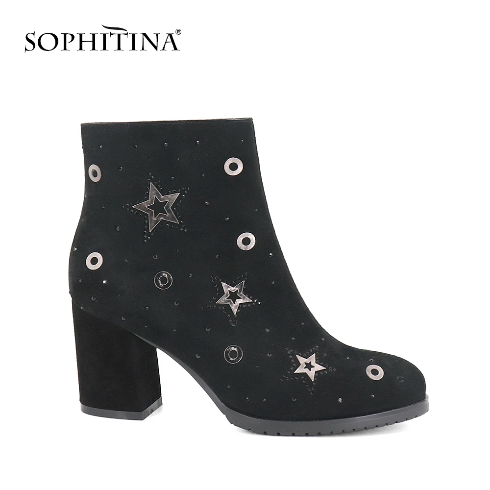 SOPHITINA New Women' s Ankle Boots Elegant Round Toe High Heels Sheepskin Shoes Quality Warm Short Plush Party M80 | Обувь
