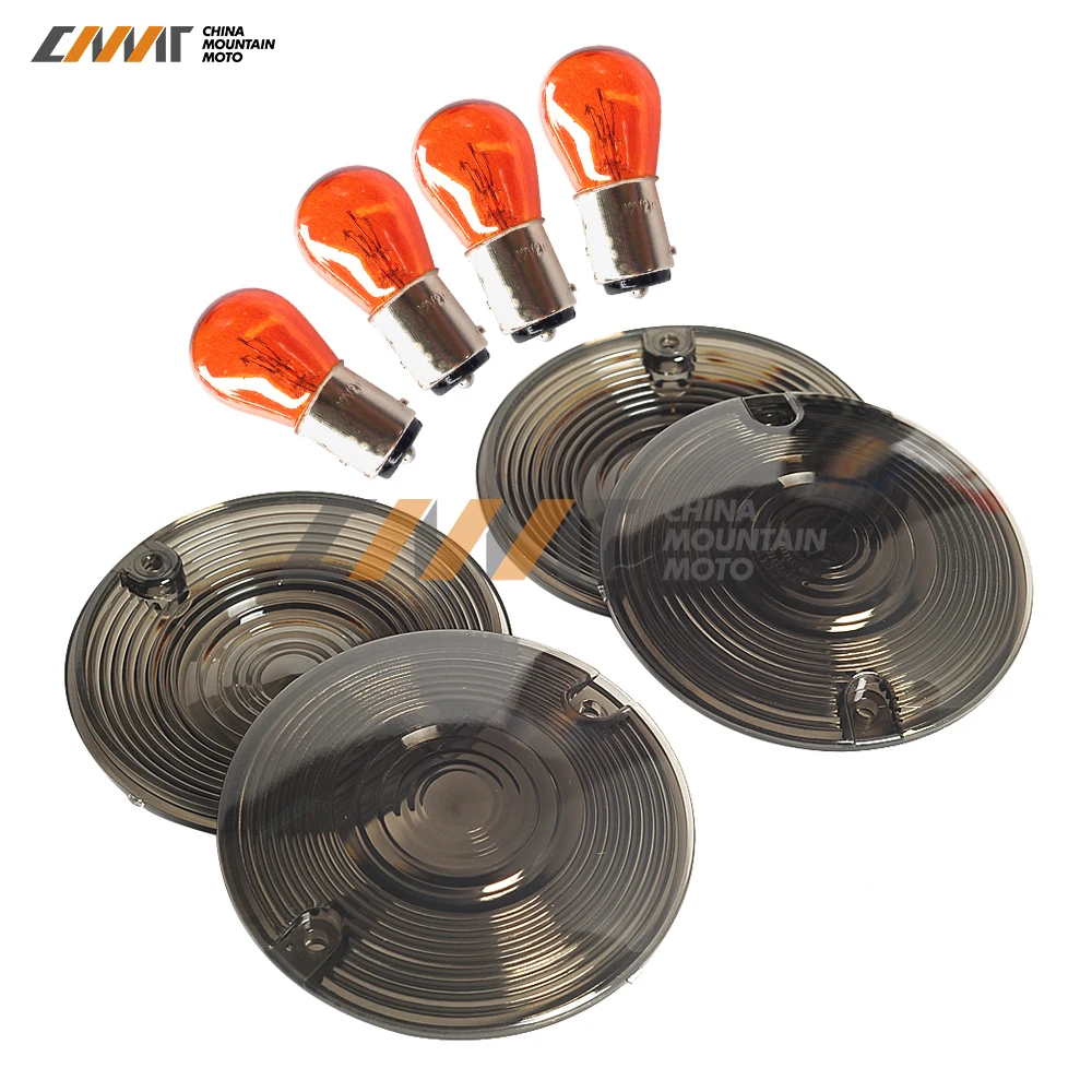 

4X smoke motorcycle Turn Signal Light Lens Cover w/ Bulb case for Harley Touring Road King Glide