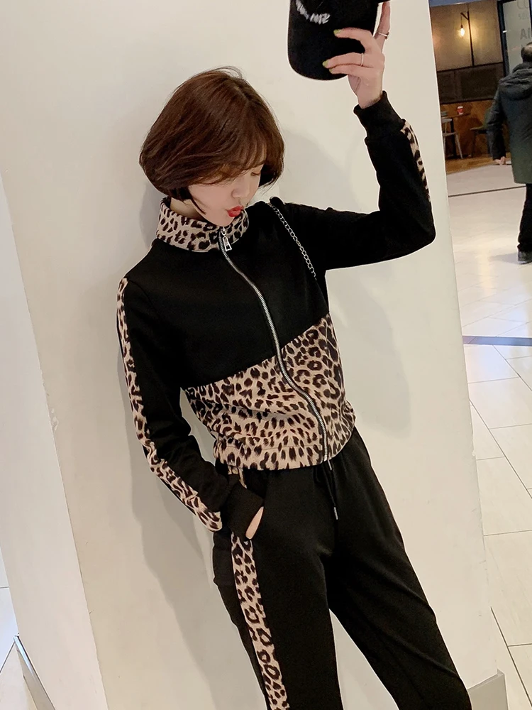 Leopard Patchwork Knitting 2 Piece Set Women's Long Sleeve Zipper Jacket Coat+Pocket Pencil Pant Sweater Tracksuit Trousers | Женская
