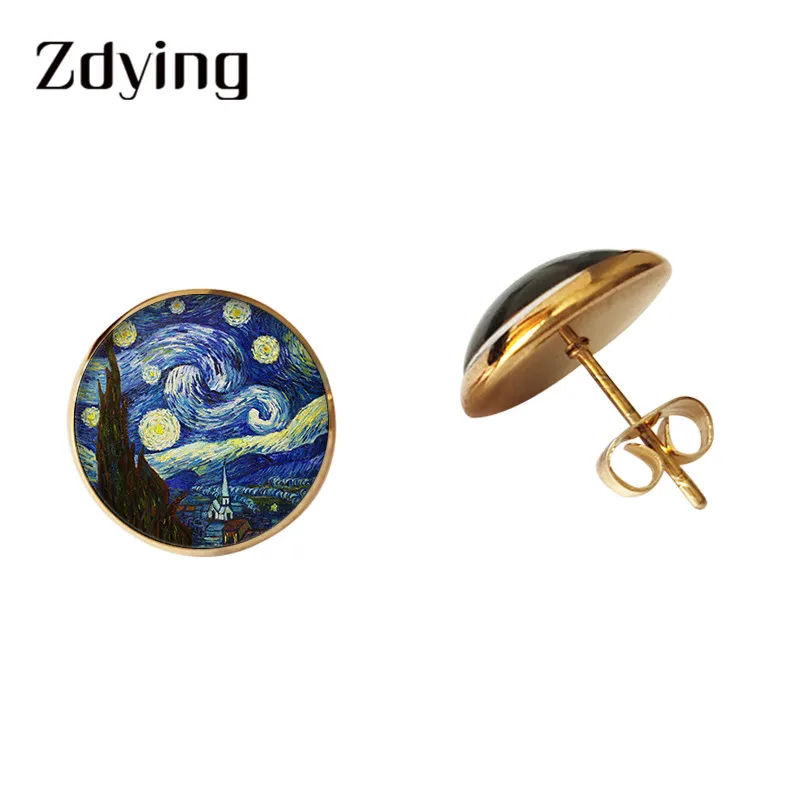 ZDYING Starry Night Van Gogh Sunflower Stud Earrings Glass Pattern Dome Stainless Steel Gold Color Ear Studs Gift VG001 | Украшения и
