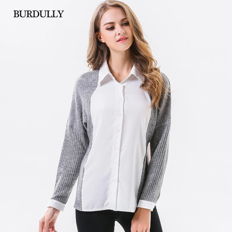 BURDULLY Fashion Office Knitted Blouses Women 2018 Spring Long Sleeve White Patchwork Shirt High Quality Cotton Casual |