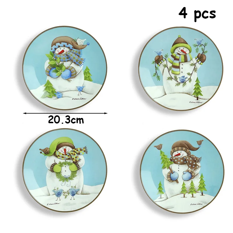 4pcs Тарелки для еды с рисунком снеговика, милый поднос, рождественские тарелки, керамические тарелки для овощей, плоские поддоны для домашнего использования, кухонные принадлежности, 4 шт - Цвет: 4pcs