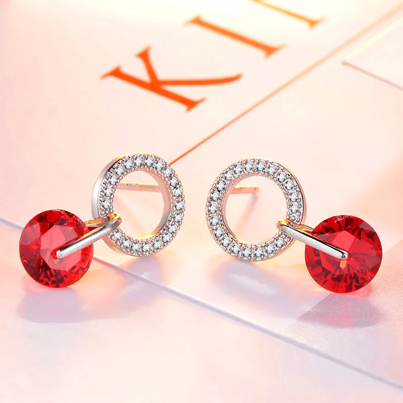 Red Роскошные женские белые круглые серьги-гвоздики, модные 925 серебряные свадебные ювелирные изделия, двойные хрустальные циркониевые серьги для женщин - Окраска металла: Red