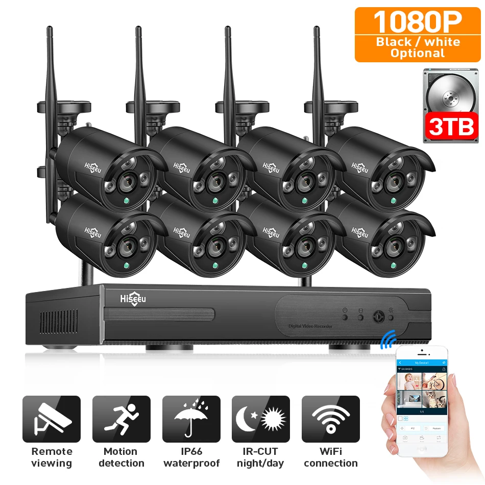 2MP CCTV система 1080P 8ch HD Беспроводной NVR комплект 3 ТБ HDD наружная ИК Ночная IP Wifi камера система безопасности видео наблюдение Hiseeu