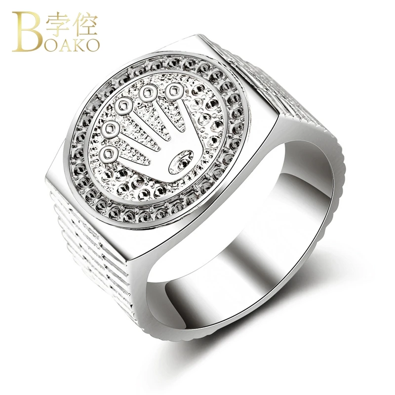 BOAKO Rapper Men Ring Wide Hip Hop Statement Gold Engraved Luxury Iced out crown anillos hombre party jewelry | Украшения и
