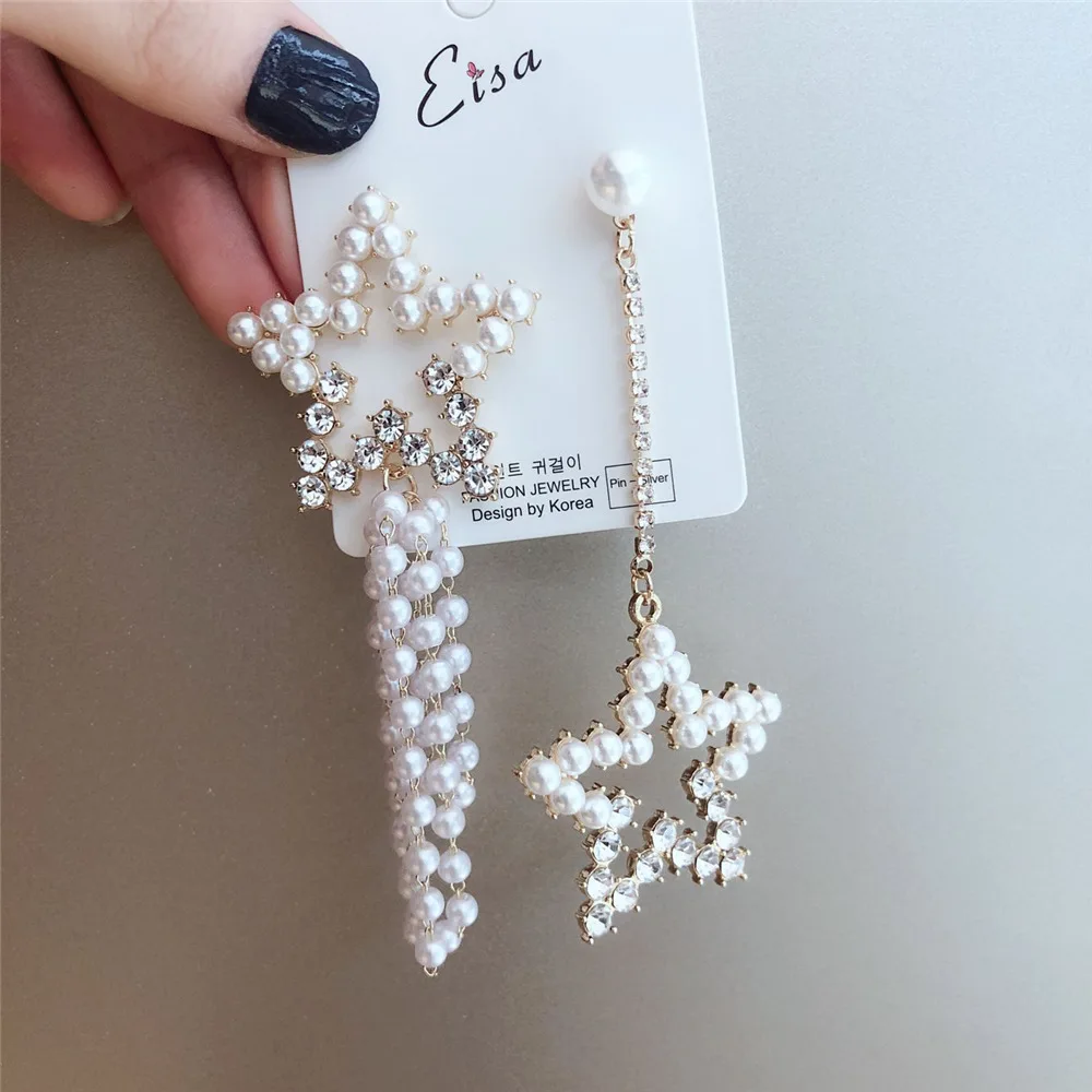 Женские корейские серьги с пятиконечной звездой Асимметричные Длинные