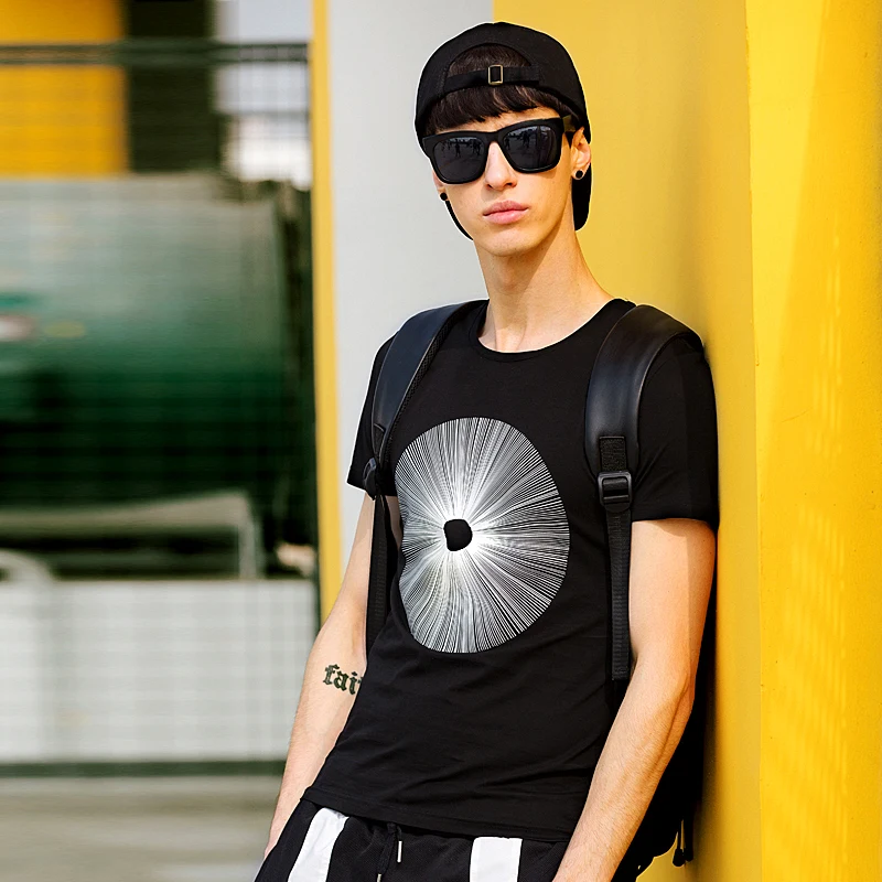 ВАЛЬС 2016 весной и летом новый мужской Футболки Мода диски печати шею с коротким