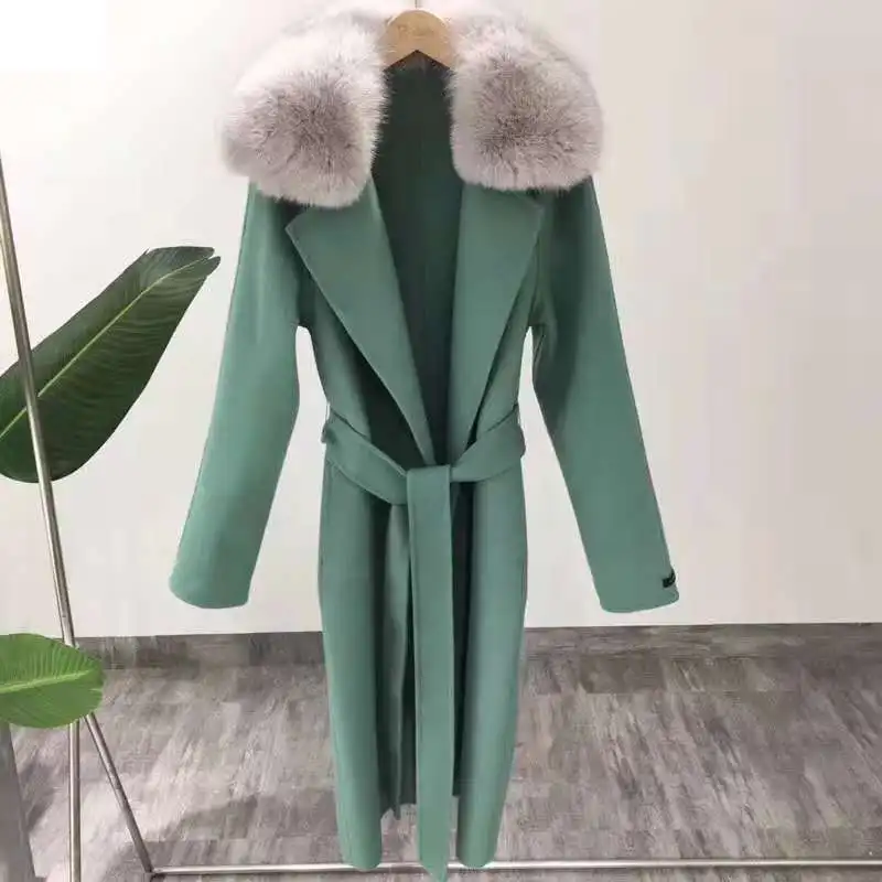 Russian Style KOREAN AND JAPANESS elegant style 100/100 real lamb wool trench coats with natural fox fur collar