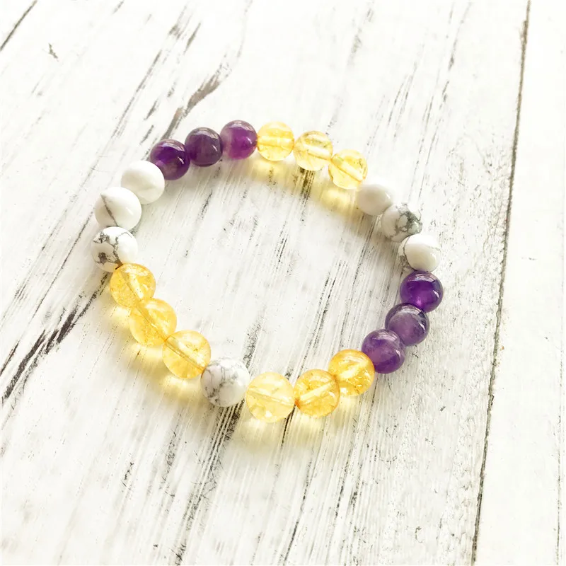 Дизайнерский браслет из 3 бусин желтый кварц и фиолетовый Howlite круглые бусины