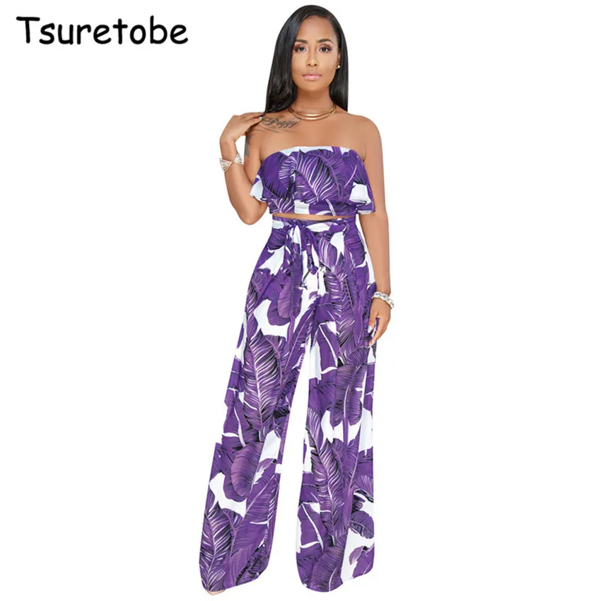 Tsuretobe Летний комбинезон с принтом широкие брюки без рукавов открытыми плечами