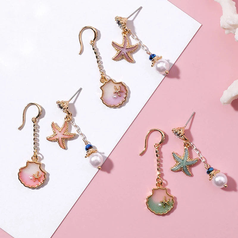 Корея Сладкий Асимметричная Морская звезда Shell простые Подвесные серьги со стразами и жемчугом длинная