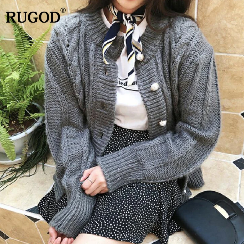 RUGOD Модный женский Однотонный свитер осень зима Повседневный Круглый вырез вязаный однобортный кардиган для женщин Sueter Mujer