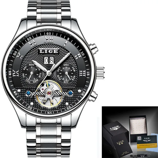 LIGE Fashion Sports Watch Men Business Leather Clock Mens Watches Top Brand Luxury Automatic Mechanical Watch Relogio Masculino - Color: silver black steel