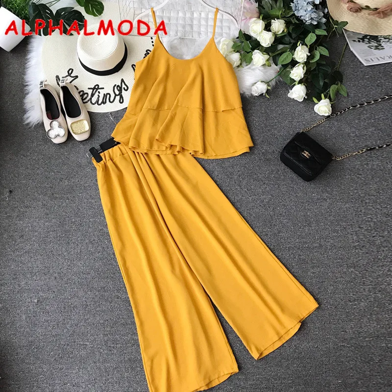 Женский костюм ALPHALMODA шифоновая куртка на подтяжках широкие брюки с высокой