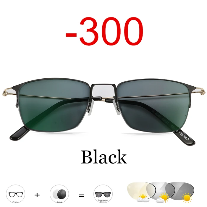 Black -300 Очки для близорукости, фотохромные очки для мужчин и женщин, очки для близорукости, оправа с цветными линзами, солнцезащитные очки для близорукости, титановые очки - Цвет оправы: Black -300