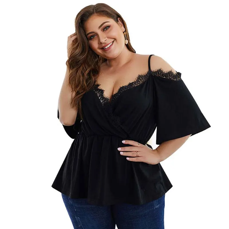 Летняя Кружевная футболка для женщин 2019 более Размеры Женская жира Сексуальная с