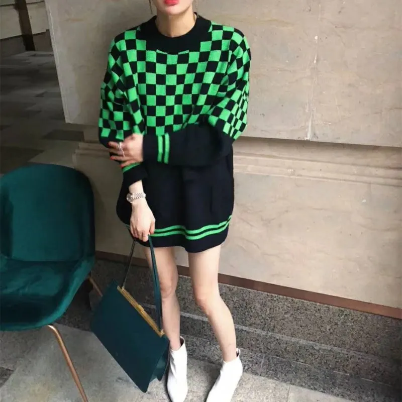 Флисовый Повседневный свитер большого размера в клетку Женский Цветной вязаный