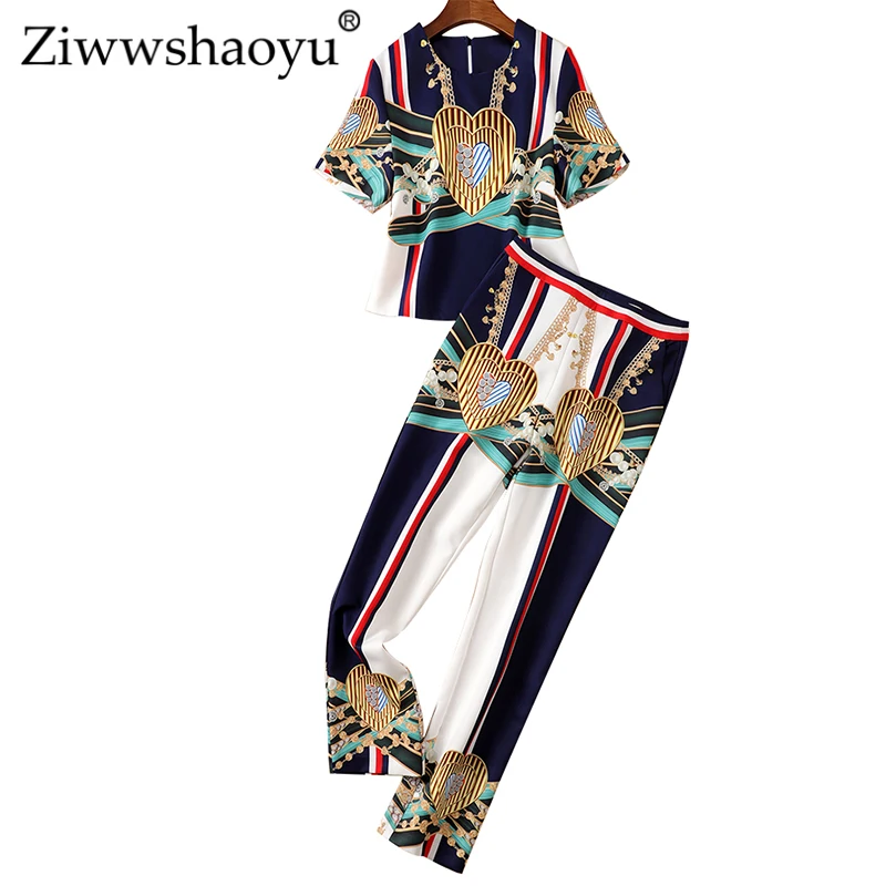 Ziwwshaoyu модные комплекты с принтом круглый вырез короткий топ+ Высокая талия полная длина темперамент тонкие наборы Весна и лето новые женские