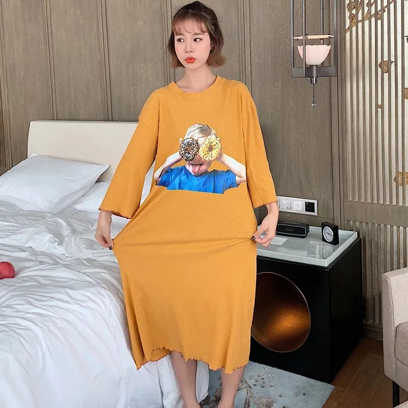 Новинка 2019 весенне осеннее хлопковое милое домашнее платье большого размера с