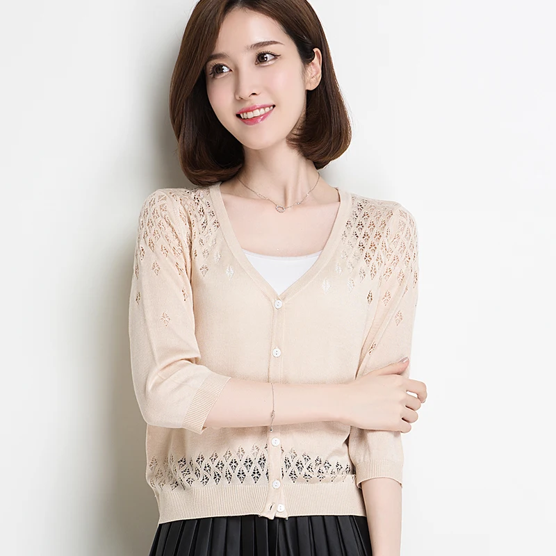 Style Knitted Cardigan Sweater New Fashio Autumn Summer Crochet Sweaters silkn Women Three Qu Sleeve Lace O-Neck Casual |