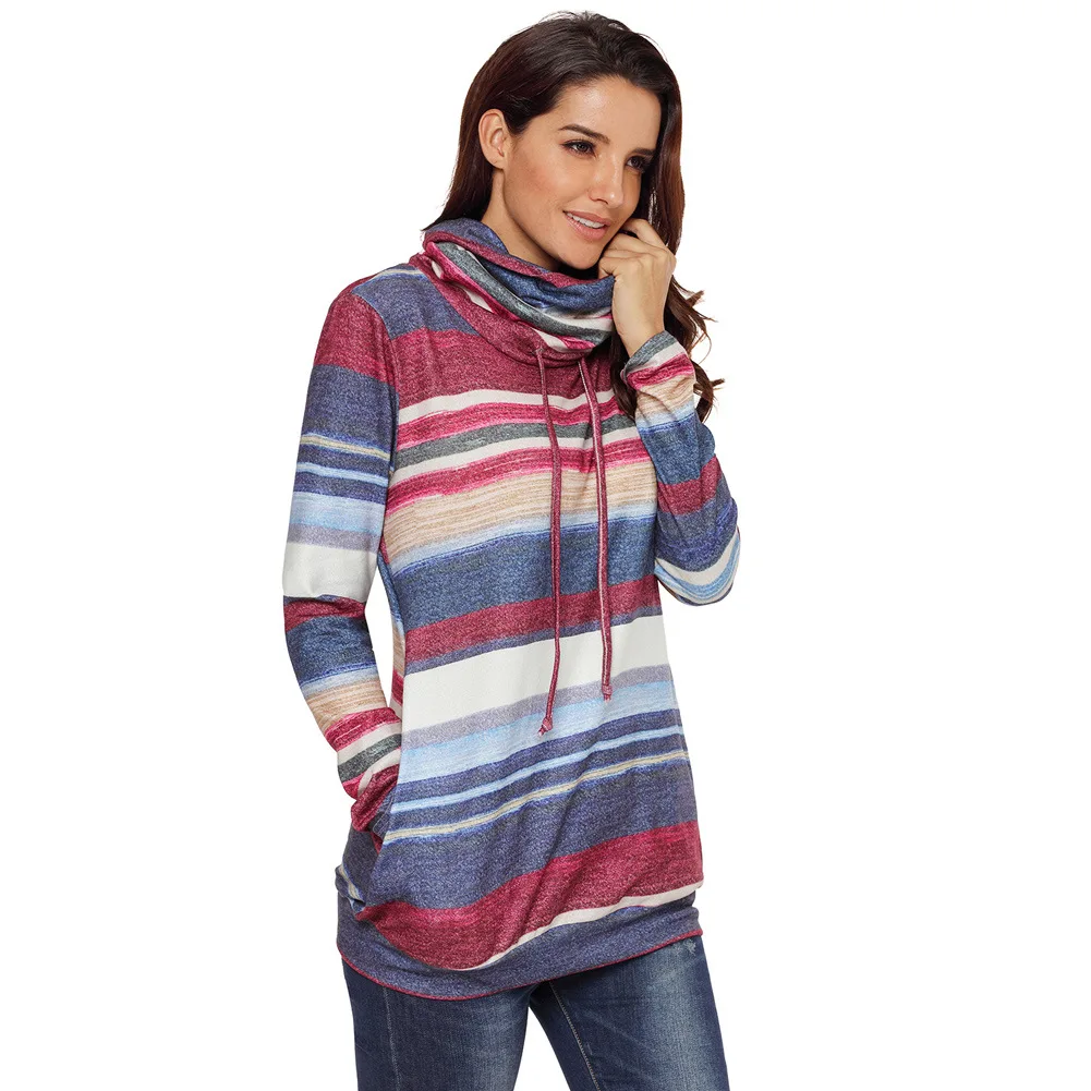 Fashion Women Long Style Pullovers with Pockets Multicolor Autumn Sleeve Striped Drawstring Sweatshirts Tops Streetwear | Женская одежда