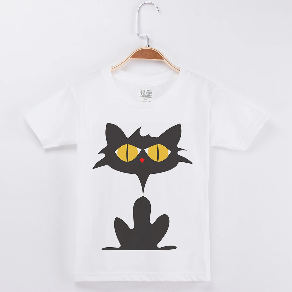 

Funny T-Shirts Girls Short Sleeve Cotton O-Neck Boy Brand Tshirt Basic White Tee Shirt Cat Print Boys T Shirts Children Clothing