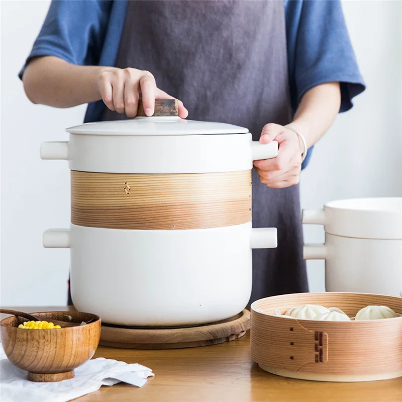 MDZF SWEETHOME Steamer Set - Personal (Ceramic Pot and Lid + Cedar Wood Basket) Heat Resistant Ceramic | Дом и сад